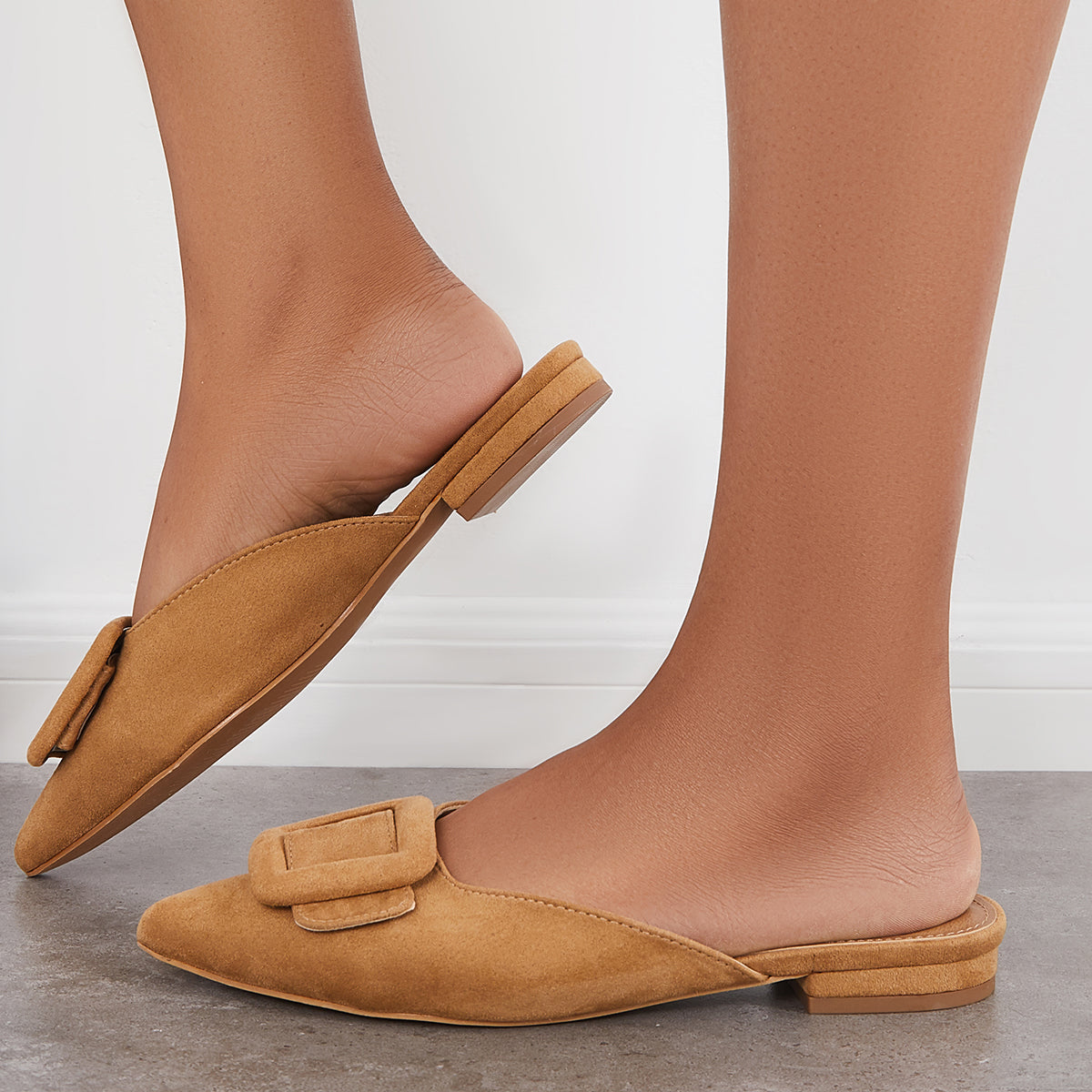 Pointed Toe Buckle Flat Mules Slip on Low Heel Backless Loafers