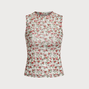 Red Floral Round Neck Tank Top