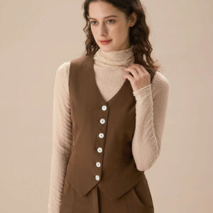 Brown V Neck Button Up Sleeveless Vest