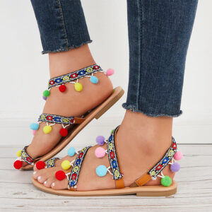 Colorful Flat Sandals Pom Pom Slingback Clip Toe Sandals