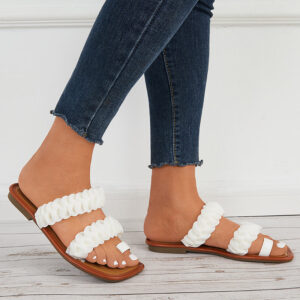 Ruffle Square Toe Flat Slide Sandals Clip Toe Flip Flops Slippers