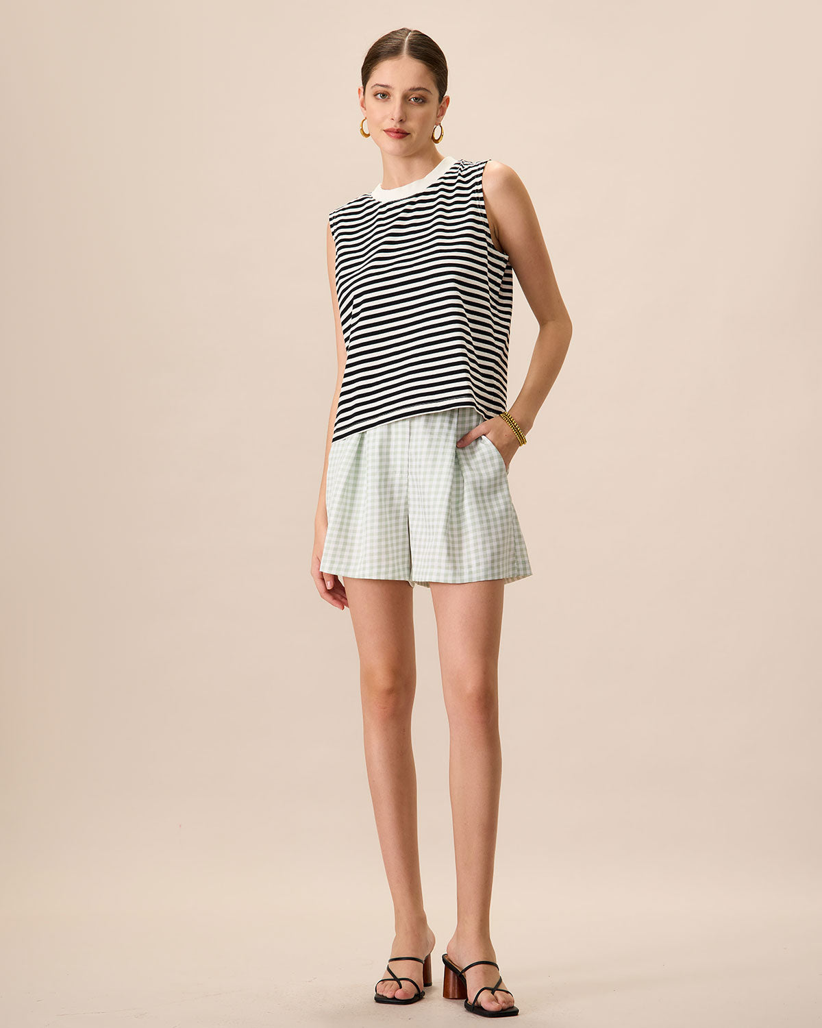 Women's Black Crew Neck Cotton Striped Tank Top - Image 3